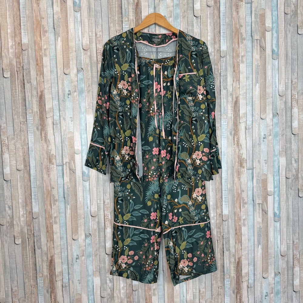 Rifle Paper Co. Forest Green Floral Satin Pajama Set with Pink Trim - Picture 3 of 12